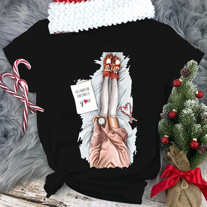 

Merry Christmas Girl Fashion Black Tops Tee Women Casual T-shirt Grils O-Neck Tshirts Female Short Sleeve Casual T-shirt
