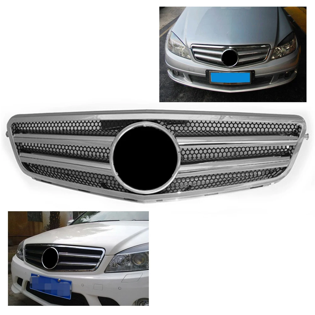 Auto Car Front Grille 2-Pin Mesh Grill For Mercedes-Benz W204 C-Class C300 C280 C200 C350 2007-2014 Chrome Silver ABS Plastic | Автомобили