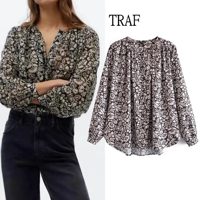 

TRAF Women Summer Blouse 2021 Print Loose Women Clothing Long Sleeve Top Woman Button Casual Female Shirts Blusas Chic Tops