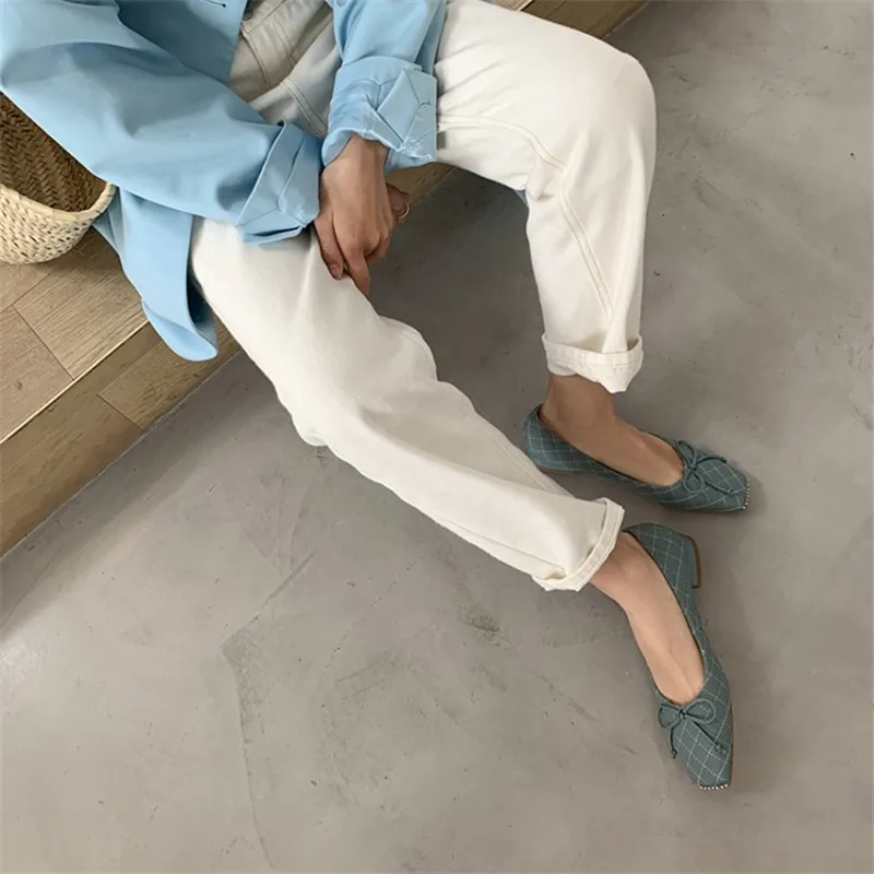 

Full Leather Inside and Outside 2021 Spring Women's Pumps Square Toe Bowknot Low-heel Comfortable Genuine Leather Casual Shoes