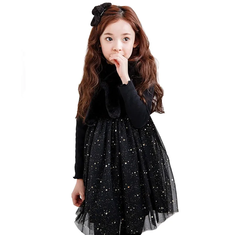 Black Girls Dresses Velvet Long Sleeve Princess Party Frocks Fall Winter Bling Stars Tulle Dress Christmas Children's Clothes | Детская