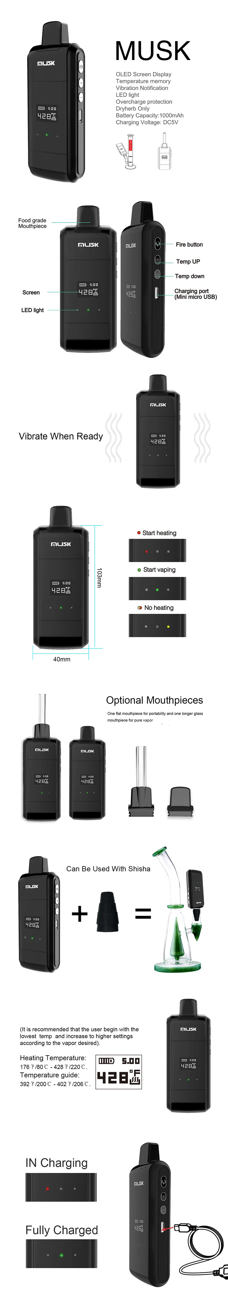 LvSmoke мускус сухой травы испаритель 1000 мАч батарея Vape умный портативный температурный контроль травяной комплект также работает с электронной кальяном кальяна