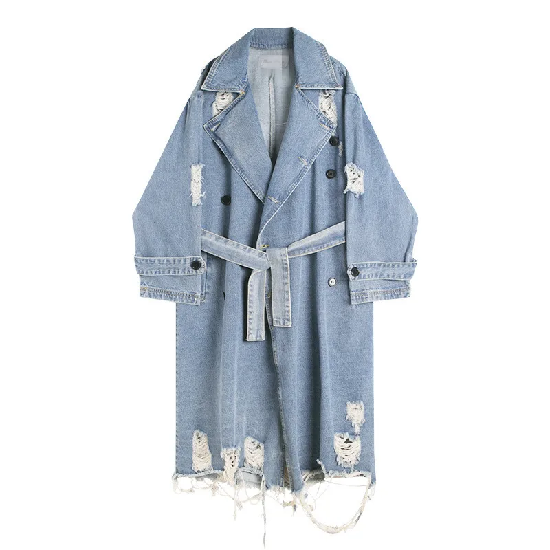 

Men's Trench Coat spring Waist Denim Windbreaker Fashion Full Sleeve Outwear Printed Female Long Denim Coat Loose Big Size