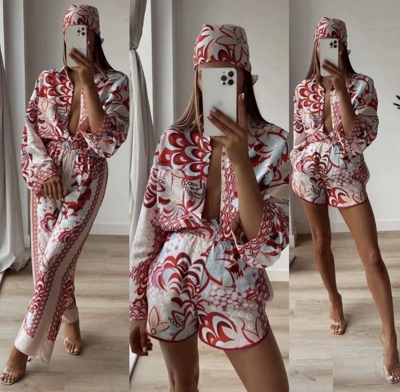 

Элегантные женские костюмы-рубашки с красным принтом, весна 2021, модные женские винтажные костюмы в народном стиле, женские пляжные костюмы
