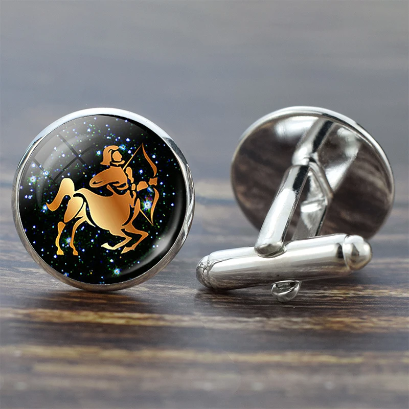 Sagittarius 12 Созвездие стеклянная запонка из сплава Leo знак зодиака Рыбы ручной работы стеклянные серебряные Костюмные запонки звенья Мужская рубашка подарок на день рождения - Окраска металла: Sagittarius