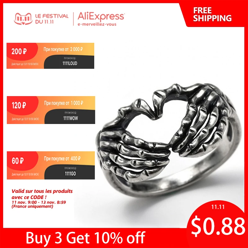 

Silver Plated Hand with Heart Rings for Men Punk Gothic Creative Skeleton Couple Ring Women Hip Hop Band Jewelry Charm Gift