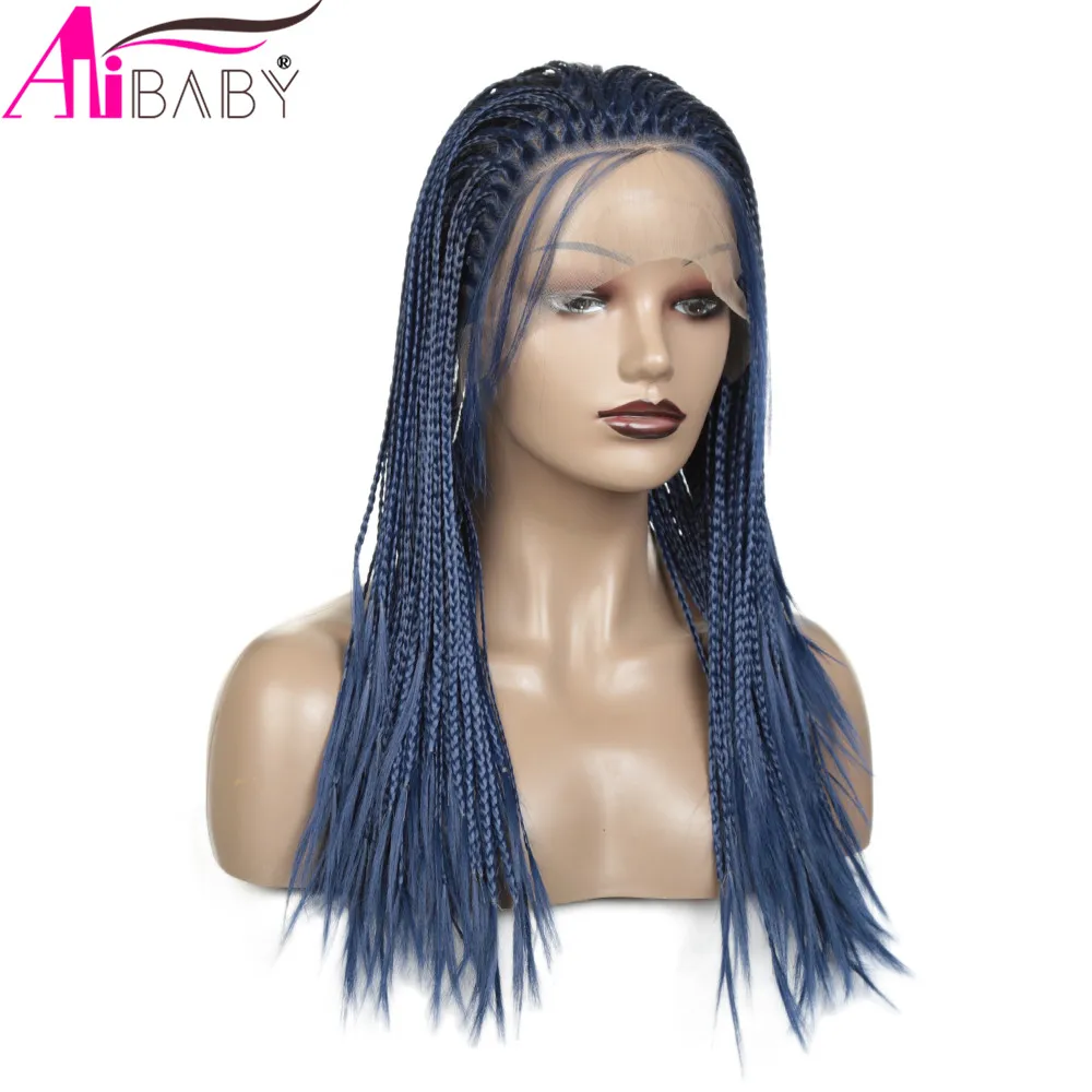 Long Box Cornrow Braided Wigs Synthetic Lace Front Wig Blue Box Braids African American Women Hairstyle Alibaby
