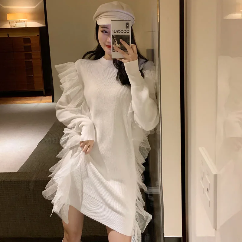 Новое модное женское повседневное свободное шерстяное вязаное платье с длинным