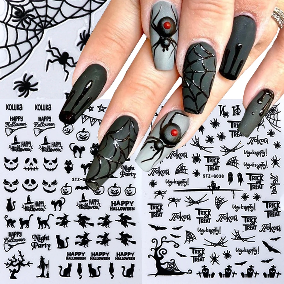 

1pc Spider Web Nail Stickers 3D Ghost Skull Pumpkin Transfer Foil Transfer DIY Manicure Slider Nail Art Decoration TRSTZG032-040