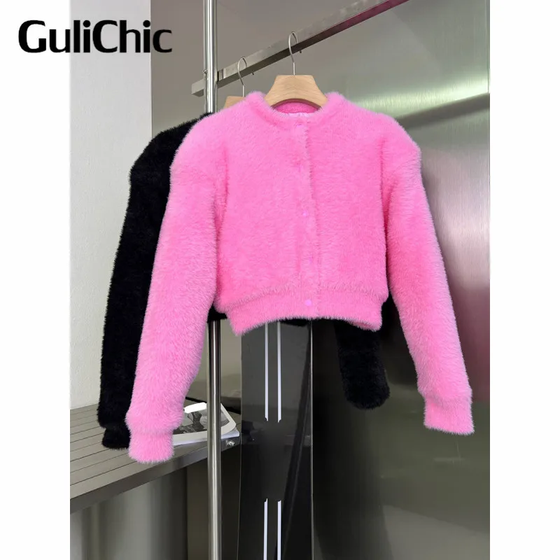 

11,4 GuliChic высококачественные женские модные однотонные Короткие Плюшевые парки или однобортные темпераментные парки с длинным рукавом