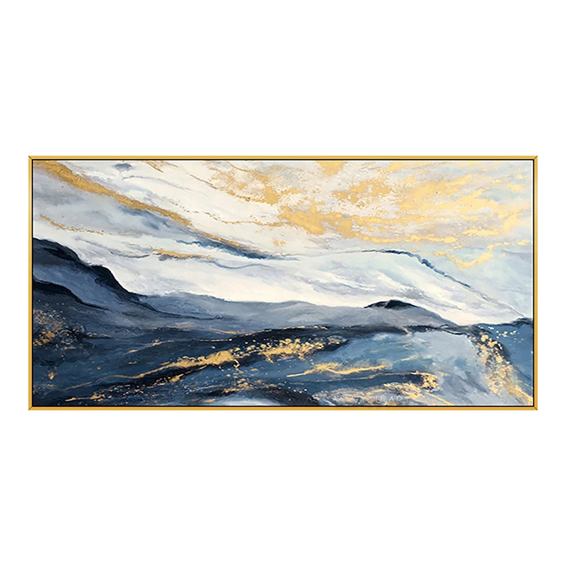 

Abstract Gold Foil Block Painting Blue Poster Modern Golden Wall Art Picture for Living Room Navy Decor Big Size Tableaux