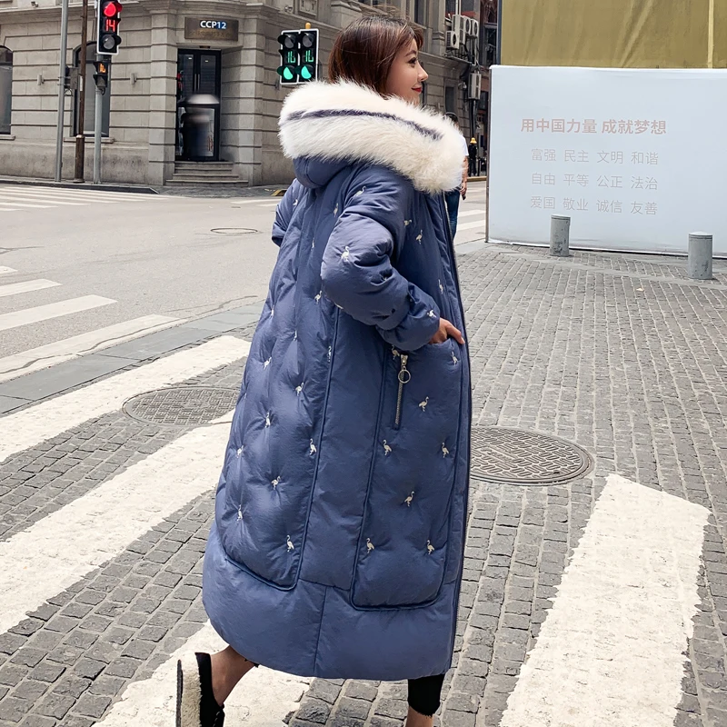 Enlarge 2020 Women's Winter Down Jacket X-long Animal Print Oversized Female Cold Coat Hooded With Fur Collar Plus Size Thick Outerwear
