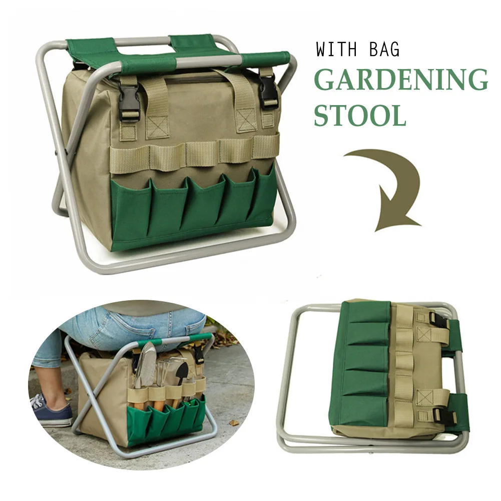 

Practical Pouch Yard Multiple Pockets Chair Portable With Tote Bag Tool Organizer Multifunctional Gardening Stool Folding Seat