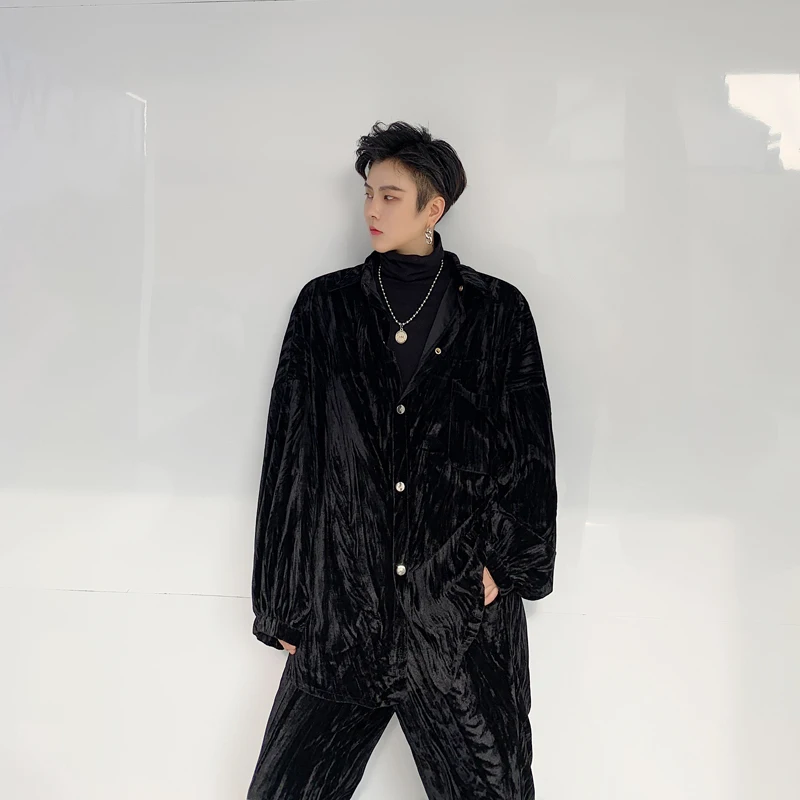 

Sets Men 2PCS (shirt+pant) Vintage Fashion Velvet Casual Long Sleeve Shirt Straight Trouser Male Streetwear Hip Hop Shirt