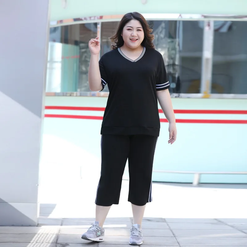 

8831 Casual Suit Women Summer Fashion Wild Soft Short-Sleeved Cropped Trousers And T-Shirt Two-Piece Sets Loose Oversized 7XL