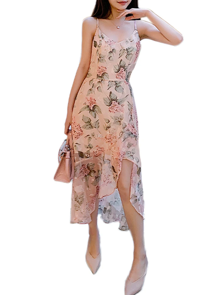

Beach Style Temperament Slim Chiffon Asymmetrical Dress Summer New Fashion Party Clothes Women Elegant Sexy Print Midi Dress