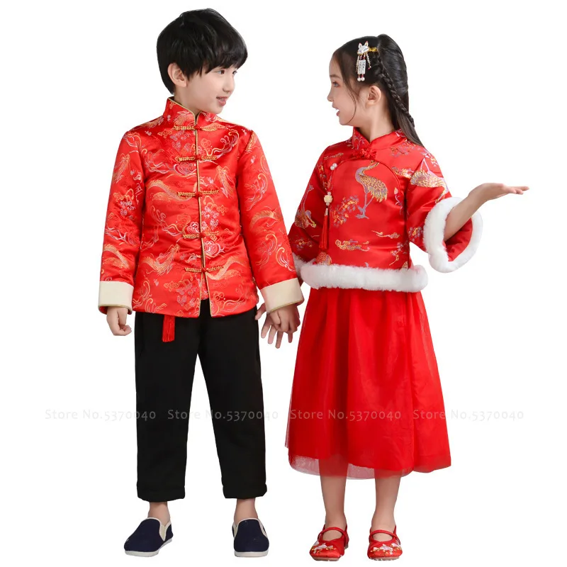 Зимний костюм для мальчиков с вышивкой дракона Тан платье девочек праздничные