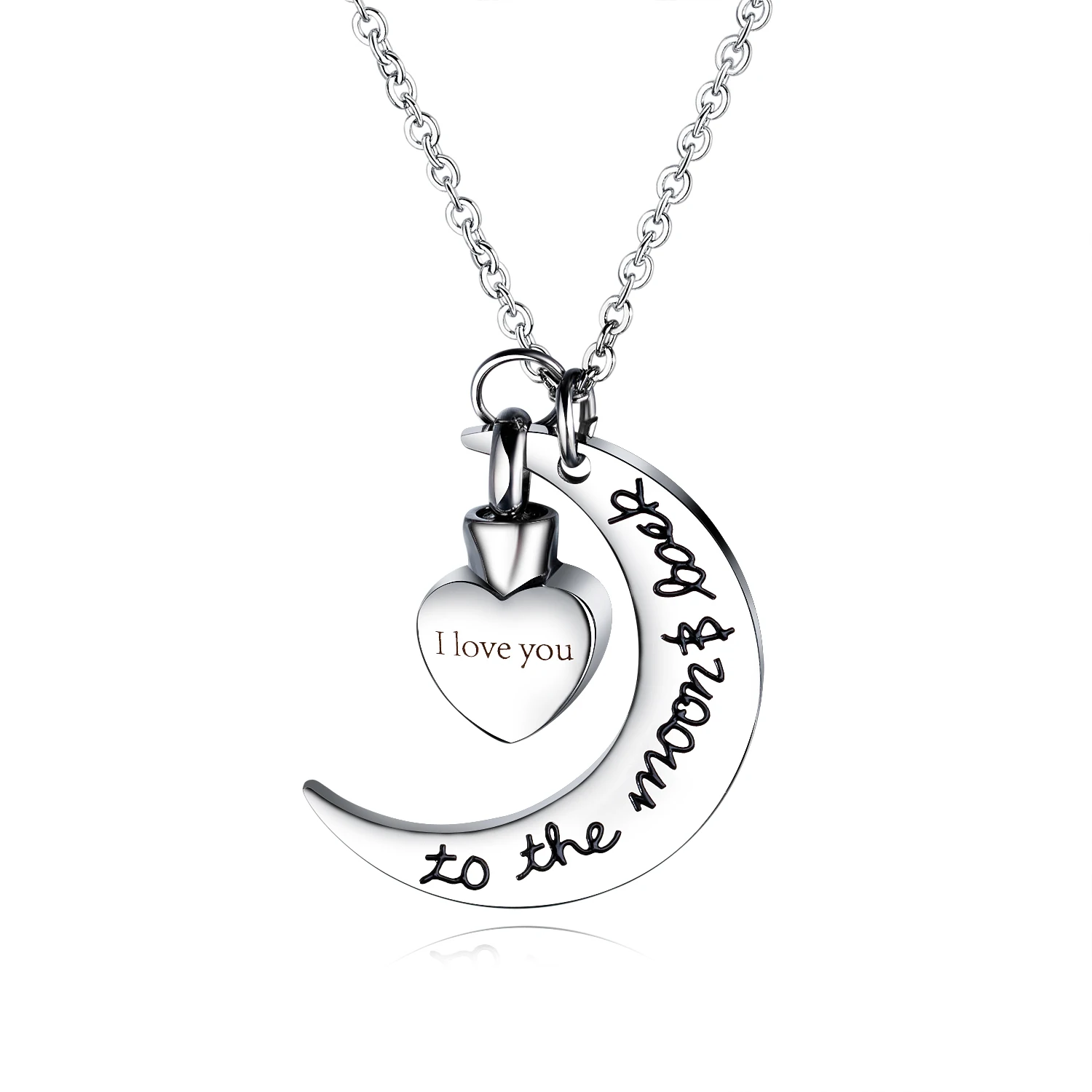 

Moon and heart stainless steel cremation pendant urn necklace for human ashes keepsake free engraving