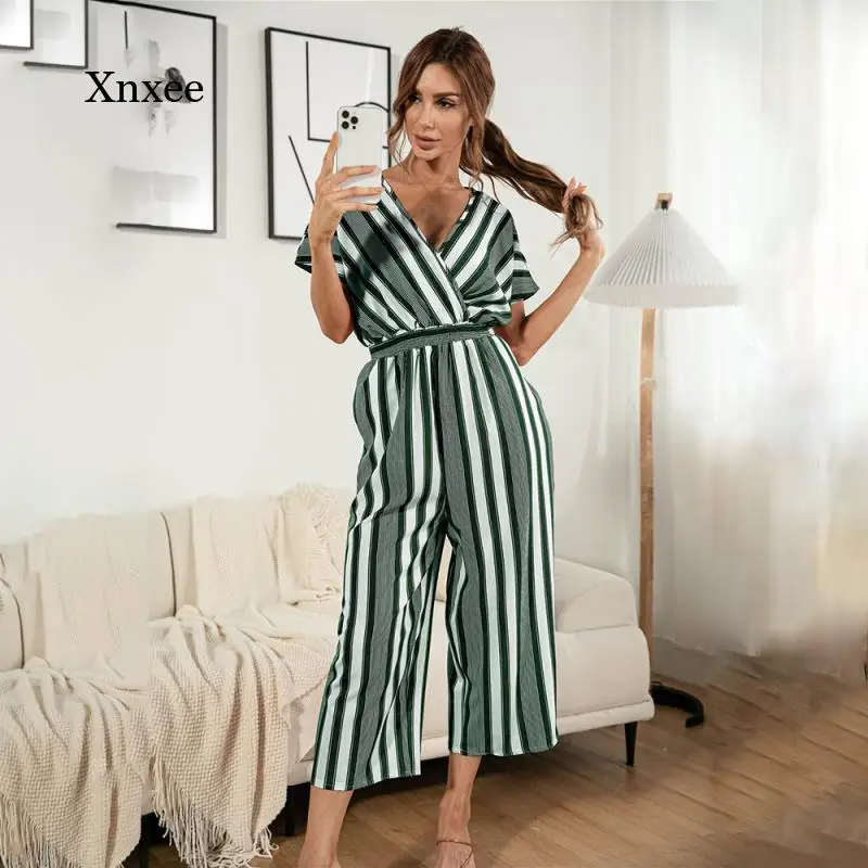 

Летний женский повседневный комбинезон с глубоким V-образным вырезом и короткими рукавами, с V-образным вырезом и длинными широкими брюками,...