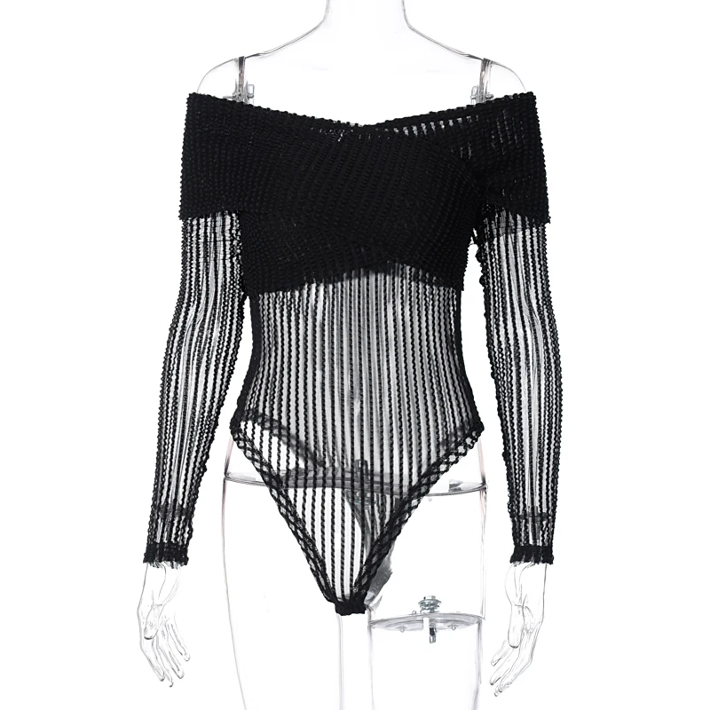 

Cross Neck Off-shoulder Bodysuit Women Mesh Sheer Long Sleeve Bottoming Shirts Office Lady See Through Leotard Top Autumn Spring