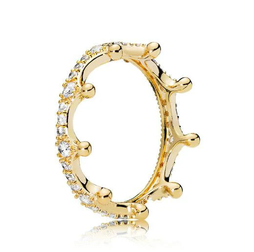 

925 Sterling Silver Pan Ring Golden Enchanted Crown With Crystal Rings For Women Wedding Party Gift Diy Fashion Jewelry