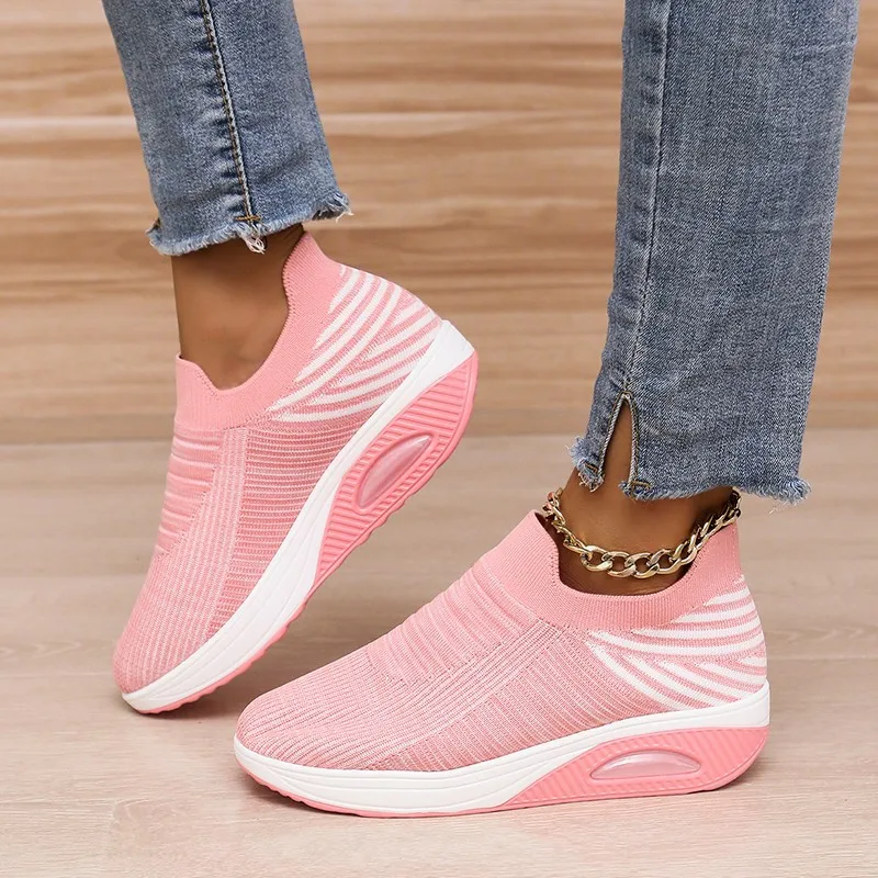 

Running Shoes Women Shoes Knitting Breathable Solid Color Round Shape Non Slip Flat Casual Shoes Lazy Air Cushion Sneakers