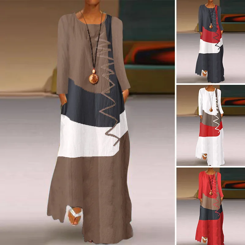 

Ladies Retro Printed Dress V-neck Long Sleeve Pocket Fall Dress
