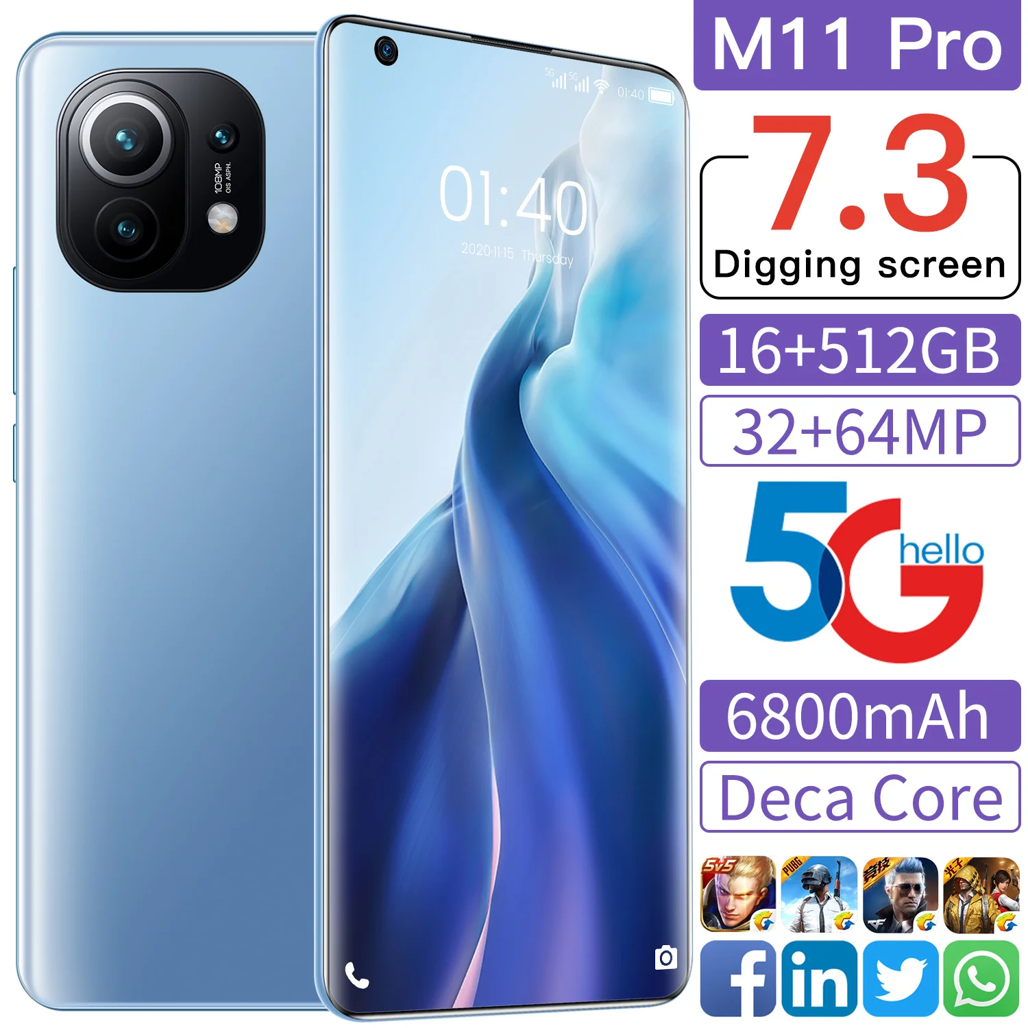 Xiao-tel&eacute;fono inteligente M11 Pro versi&oacute;n Global, Smartphone con pantalla de 7,3 pulgadas, 865 Snapdragon, c&aacute;mara cu&aacute;druple trasera de 64MP, 16GB + 512GB, Android 11,0, en Stock-0