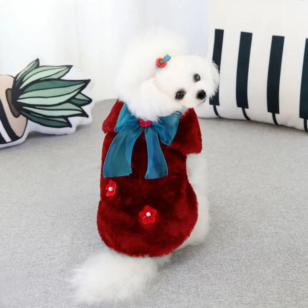 Nice-looking Pet Coat Red Flower Decor Close Fitting Puppy Two-leg Thickened Jacket Outfit Dog Outerwear Vest | Дом и сад