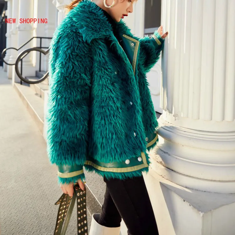 Vintage streetwear Green Faux Fur Coat Women Thick Lamb Fur Overcoat Lapel Motorcycle Jacket Ladies Fluffy Coats Winter Fashion