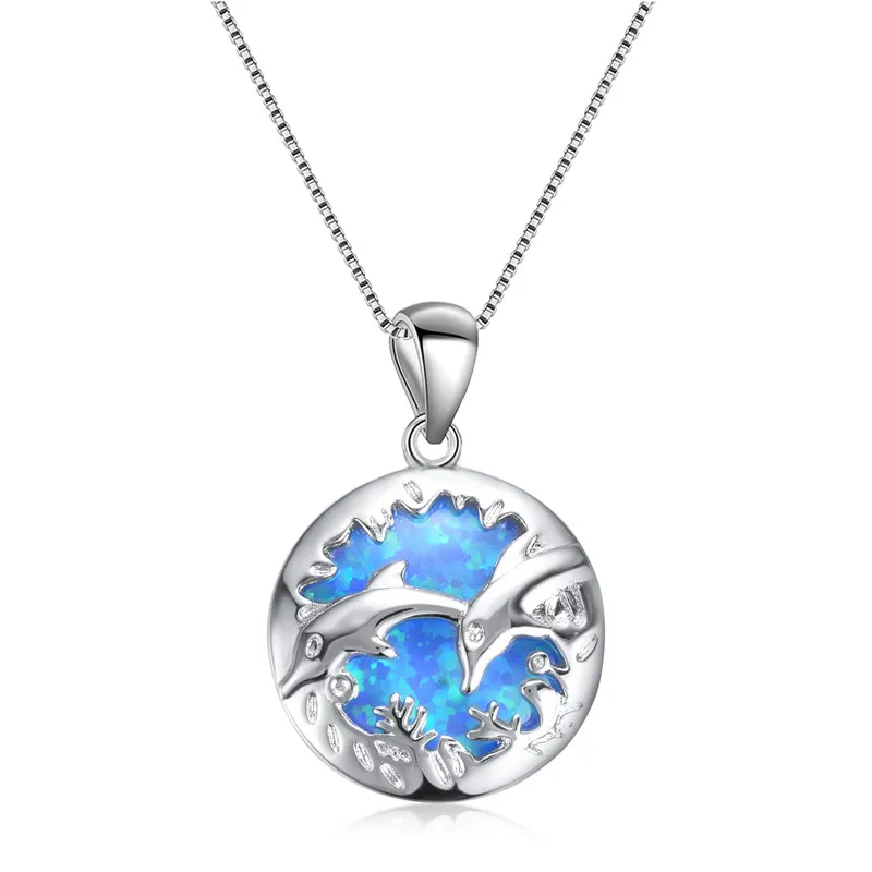 

Creative Double Dolphin Round Pendants Necklace White Blue Opal Animal Necklaces For Women Vintage Silver Color Chains Necklace