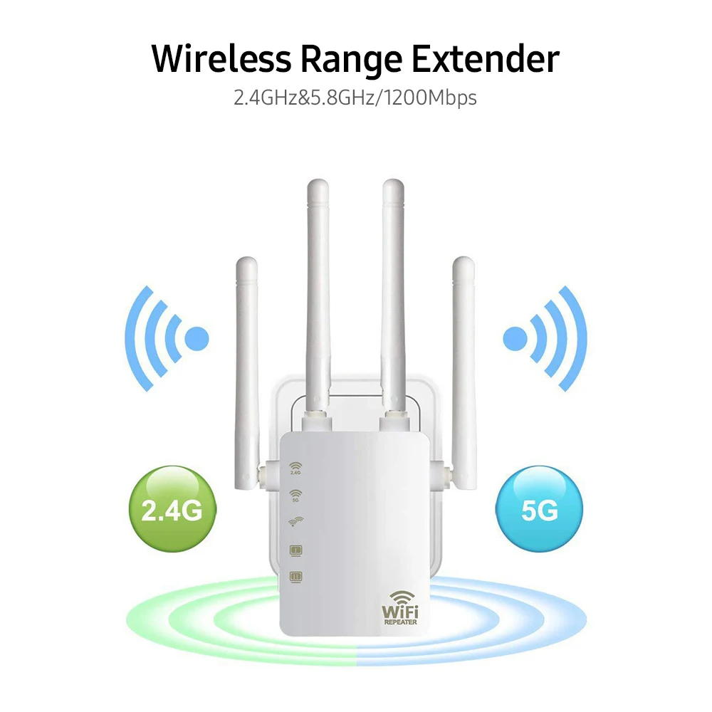 

WiFi Booster 1200Mbps Dual Band 2.4GHz 5GHz WiFi Internet Signal Amplifier Wireless Repeater with Four Antennas EU Plug