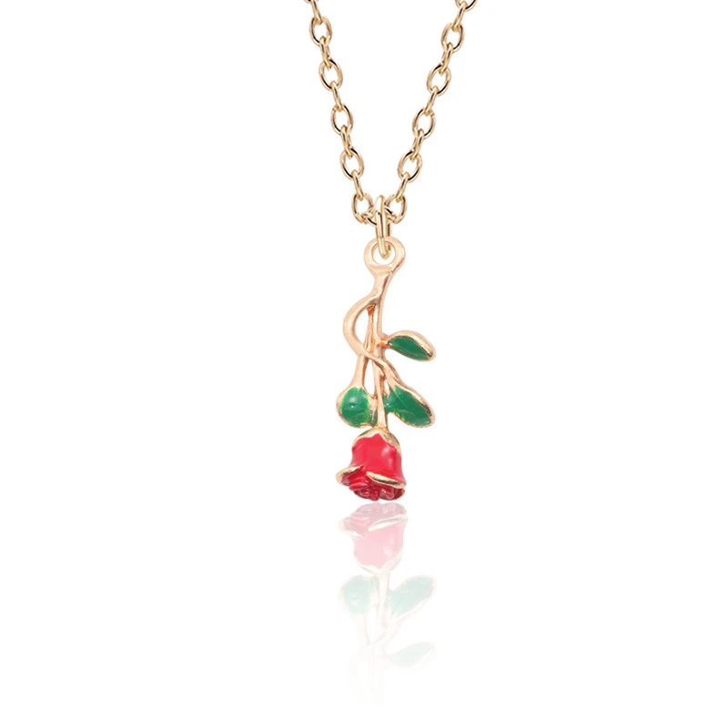 Red Green necklace DoreenBeads модный эмалевый кулон для женщин, девушек, розовое золото, красный цветок розы, кулон 50 см(19 5/")-45 см(17 6/8"), длинный 1 шт - Metal Color: Red Green necklace