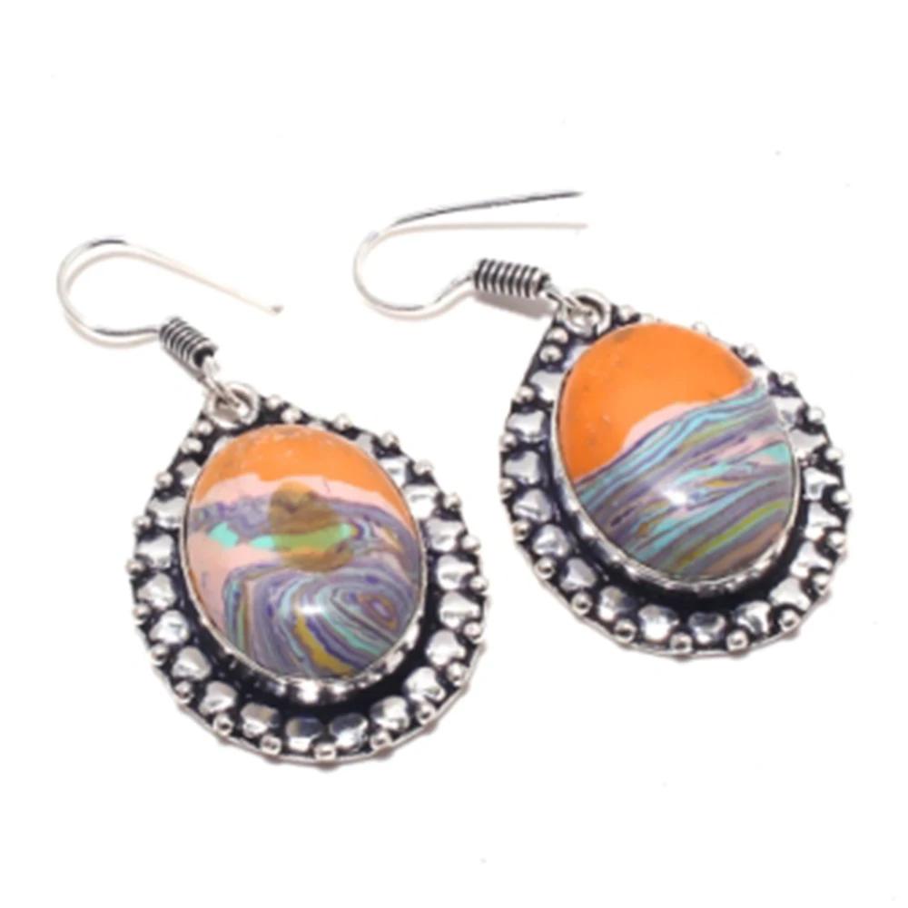 

Rainbow Calsilica Earrings Silver Overlay over Copper , 45mm, E4046