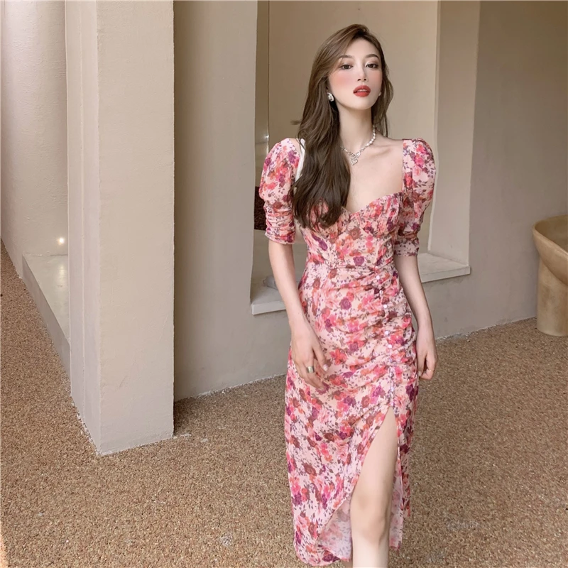 Женское шифоновое платье с разрезом розовое длинное пляжное цветочным принтом