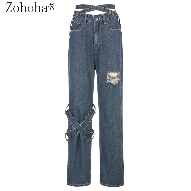 

Zohoha 2021 New Fashion Street Cross Streamer Asymmetric Hollow Hole Denim Trousers Ripped Jeans for Women Woman Pants