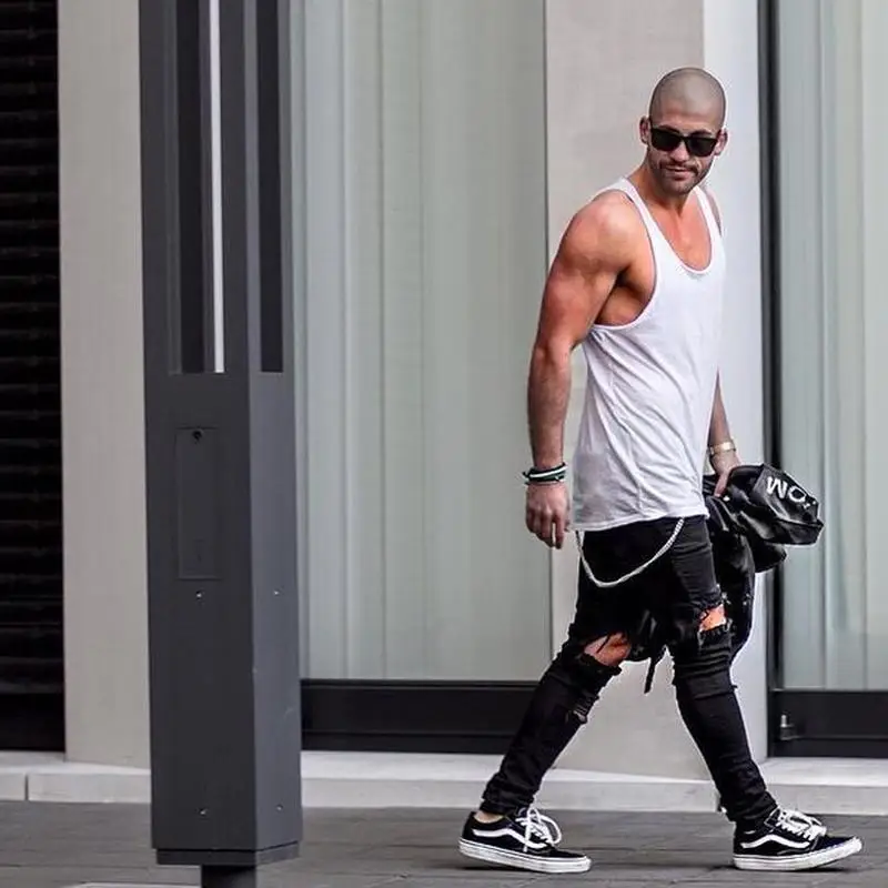 Мужские узкие джинсы VOMINT повседневные Черные скинни с прорезями на коленях