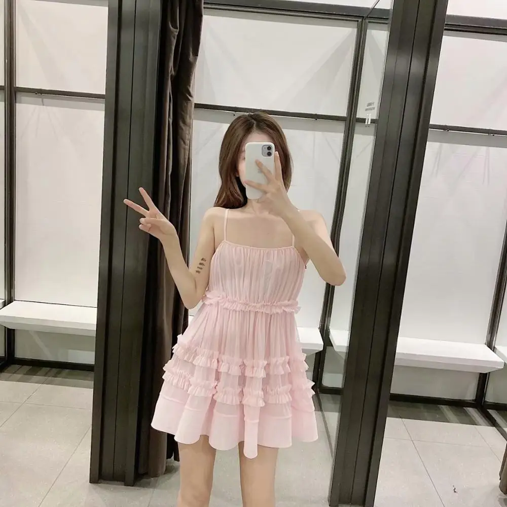 Новинка 2020 весеннее женское розовое однотонное платье выше колена на бретелях с