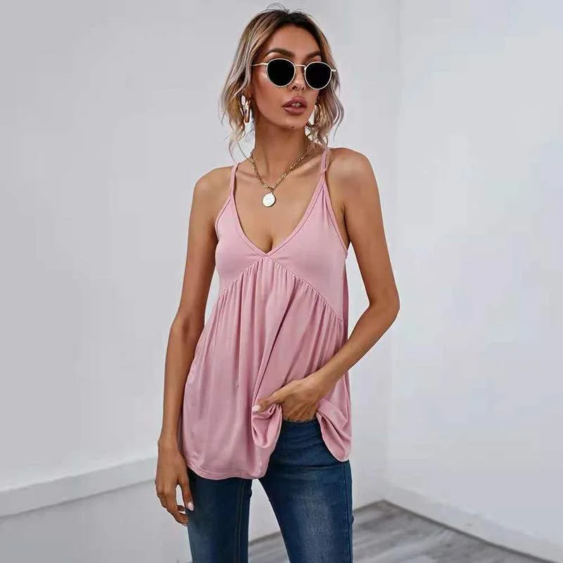 

2021 European and American Sexy Vest-style T-shirt V-neck Sleeveless Backless Casual Suspender Top Women A322