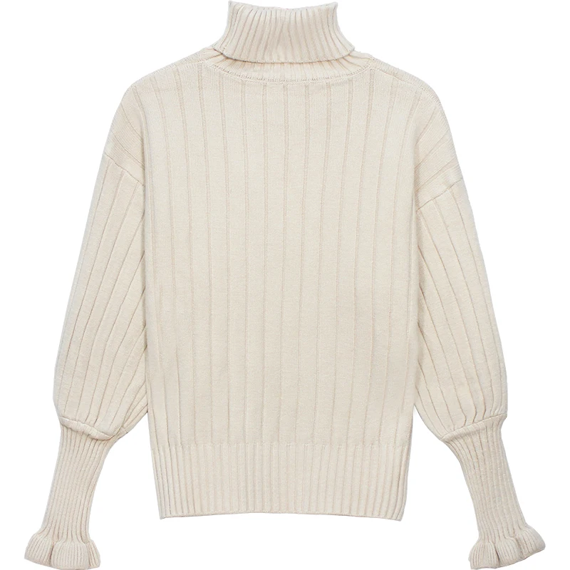 

2019 Autumn and Winter New Korean Style Fashion High Collar Solid Color Bell Sleeve Pullover Women's Slim Bottoming Sweater