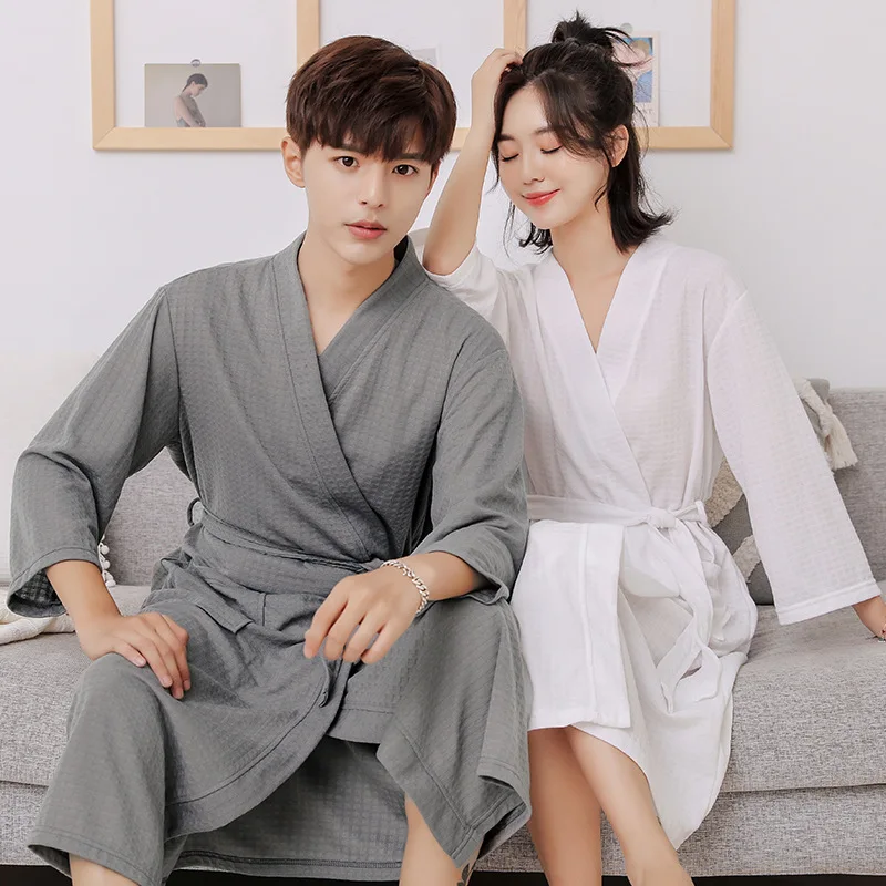 Couple's Nightgown Bathrobe Spring Autumn Thin Water Absorbing Men's Women's Gown Summer Morning Robe Home Clothes Sleepwear
