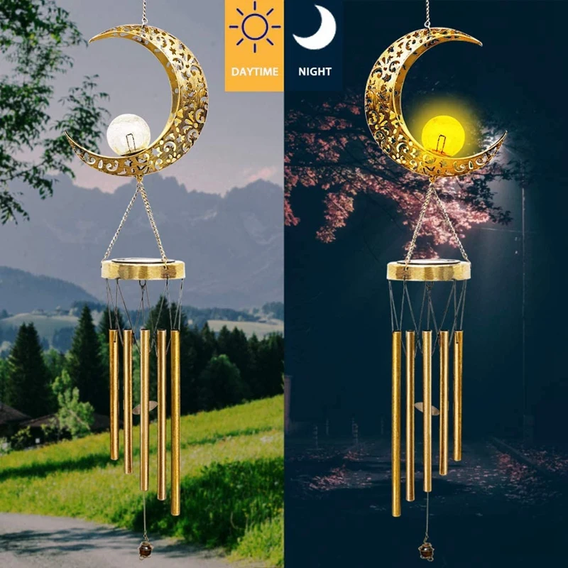 

Hanging Garden Solar Lights Wind Chimes Outdoor Retro Brass Metal Moon Crackle Glass Globle Warm LED Moon Lights- 2 Pack