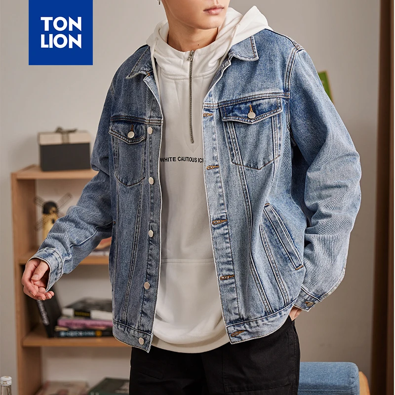 Мужская джинсовая куртка TONLION синяя свободная с длинным рукавом весна 2020 |