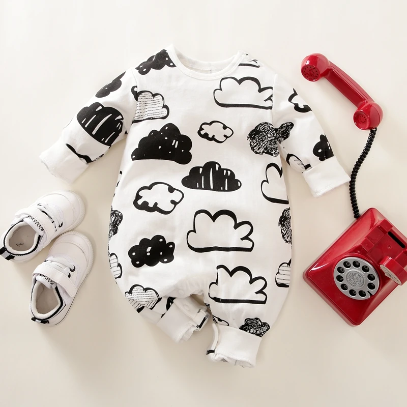 

Hibobi 2021 Spring and Autumn Baby Boy Rompers Clouds Pattern Long Sleeve Jumpsuit Pajamas 0-18 Months