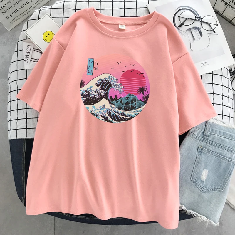 

Cartoon O-Neck New Tops Pattern Casual Female T Shirt Japanese Style Wave Print Tshirt Women Soft T-Shirts