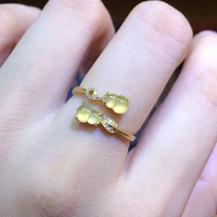 

Original design plant double gourd chalcedony diamond open ring Chinese retro light luxury charm women's silver jewelry