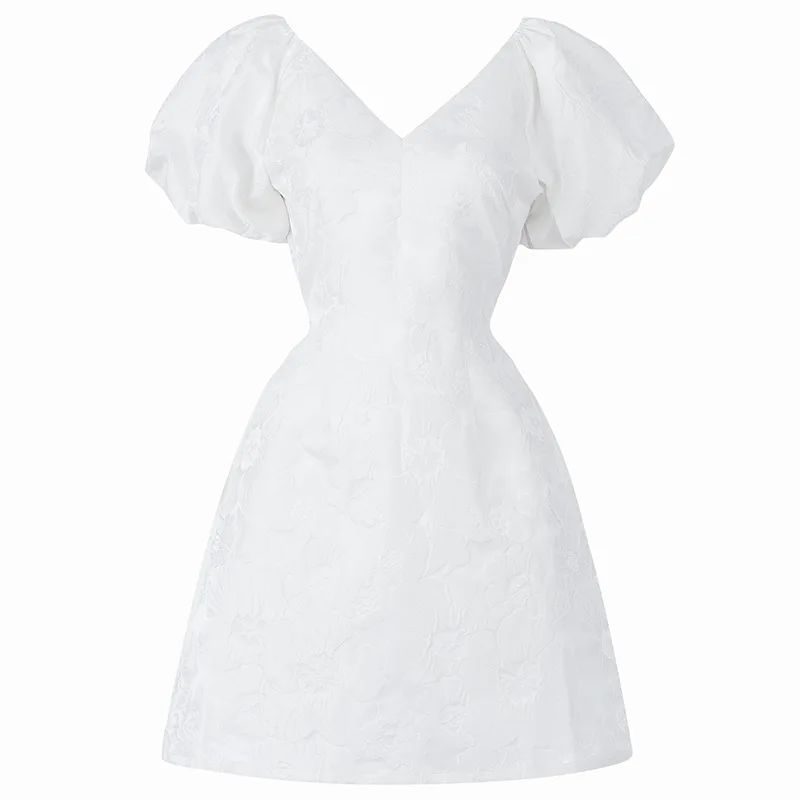 

2020 autumn new light mature temperament fashion sexy V-neck niche bubble sleeve slim A-line dress