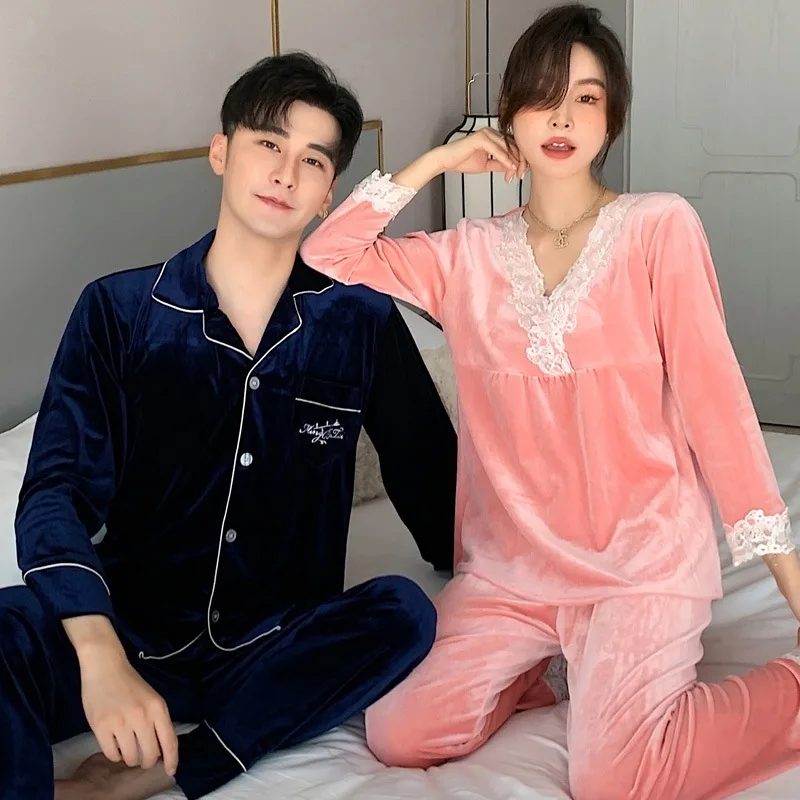 

Casual Pajamas Set Women&Men Lounge Wear Lovers Sleepwear Velour Home Clothes Pyjamas Lace V-Neck Shirt&Pants Intimate Lingerie