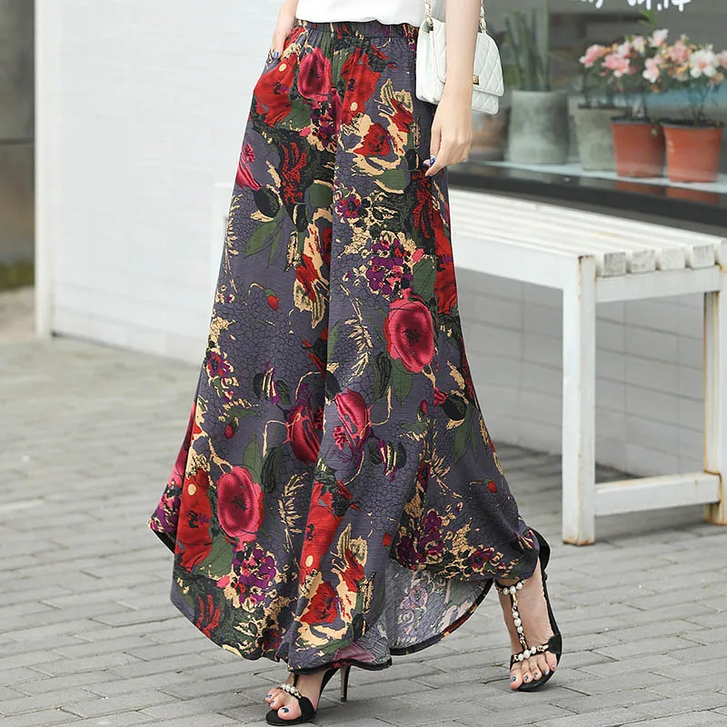 Floral Print Long Wide Leg Pants for Women Casual Loose Ladies Skirt Pants High Waist  Female Trousers with Pockets