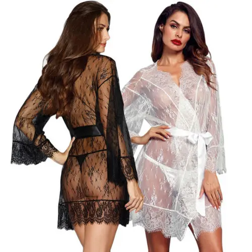 

Women's Sexy Lace See Through Long Tops Cover Up Lingerie Nightwear Kaftan Dress